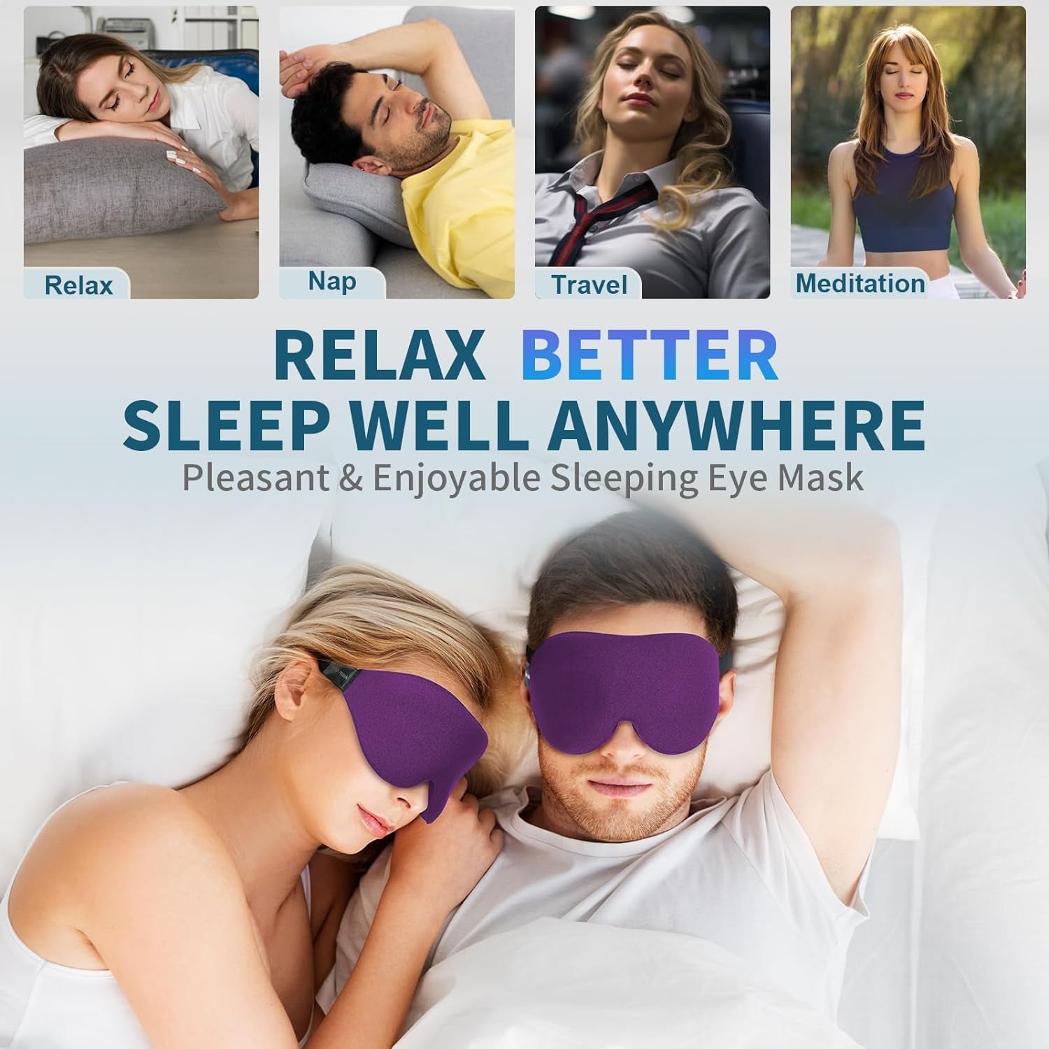 Sleep Mask for Side Sleeper, Light Blocking Sleeping Eye Mask for Women Men, 3D Contoured Cup Night Blindfold, Luxury Eye Cover Eyeshade with Adjustable Strap for Travel, Nap, Purple